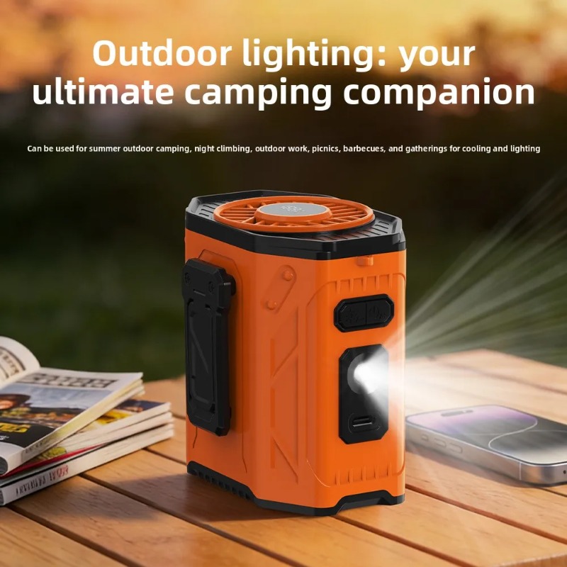 Outdoor Power Fan - 屋外作業用クーラーファン 3600mAh充電式腰掛け/首掛けファン パワーバンク付き LEDライト搭載 6段階風量調節 強力送風クールファン