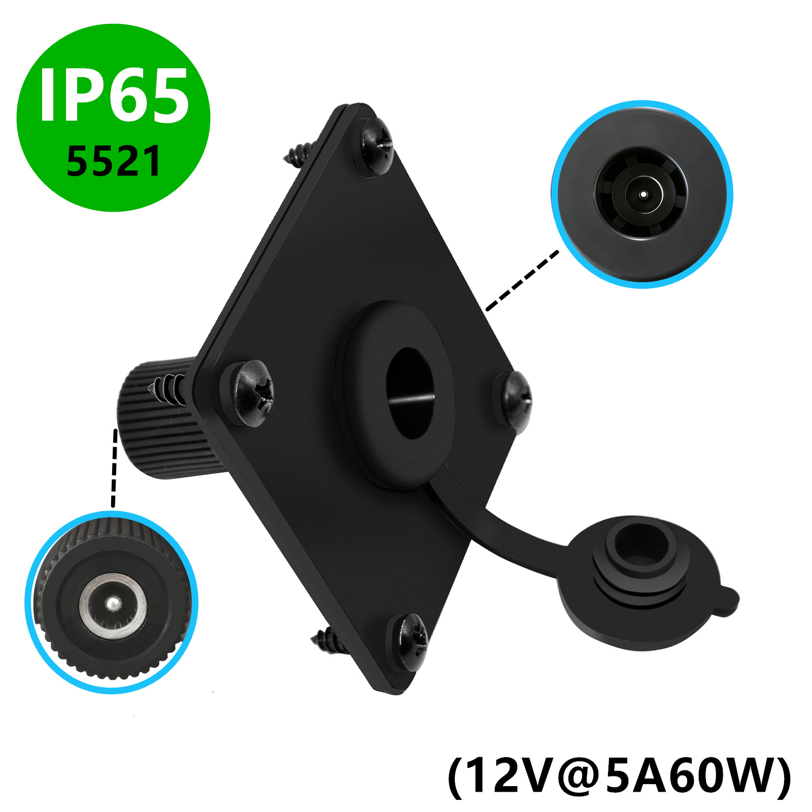 Outdoor Power Jack - IP65防水DC5521パネルマウントソケット12V 5A 60Wバルクヘッド電源ジャック、シリコン防塵カバー付き、屋外監視キャビネット用