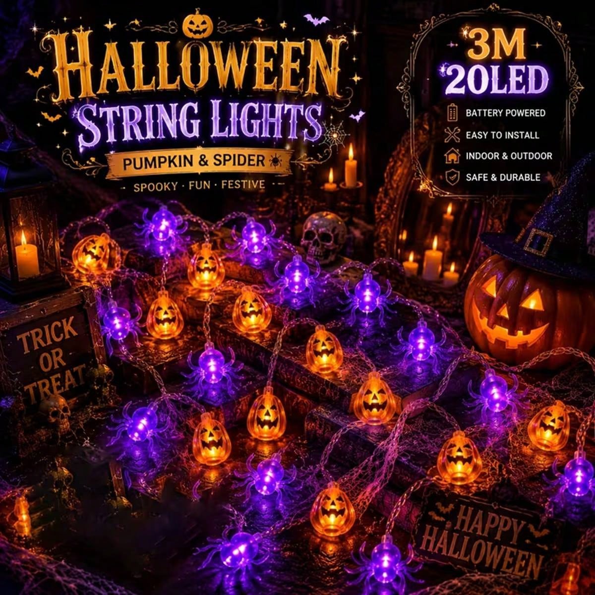 Outdoor Power Jack - ハロウィン用パンプキン型LEDストリングライト1個（10/20球）、ジャック・オー・ランタンフェアリーライト、電池式、屋内外のハロウィン装飾に最適